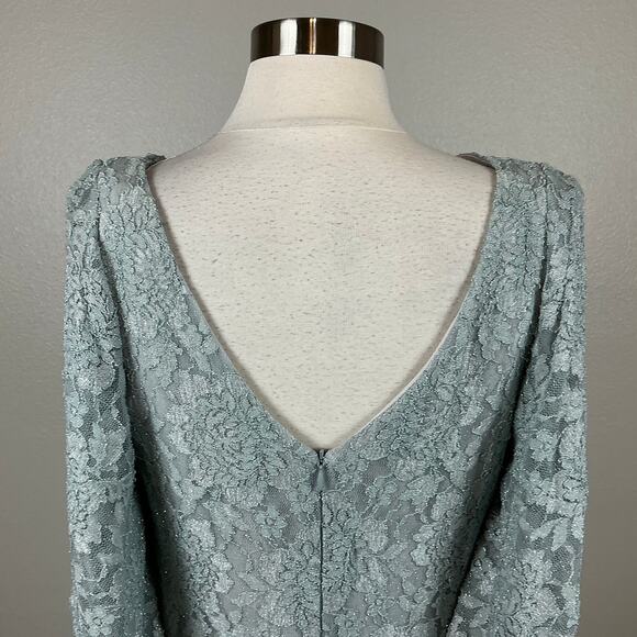 Betsy & Adam Metallic Lace Long Evening Gown Green Size 10P Draped Back Formal - Picture 8 of 13